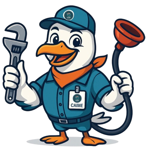 Mascote Caime com ferramentas de desentupimento